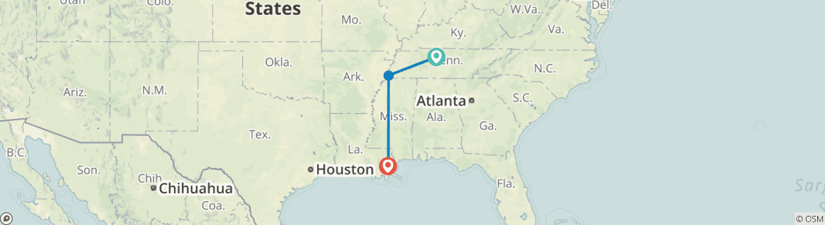 Image of a map showing the route of the tour