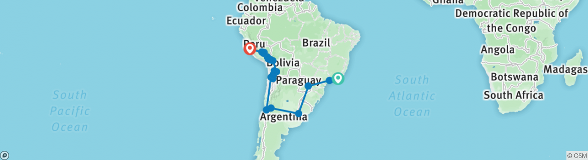 Image of a map showing the route of the tour