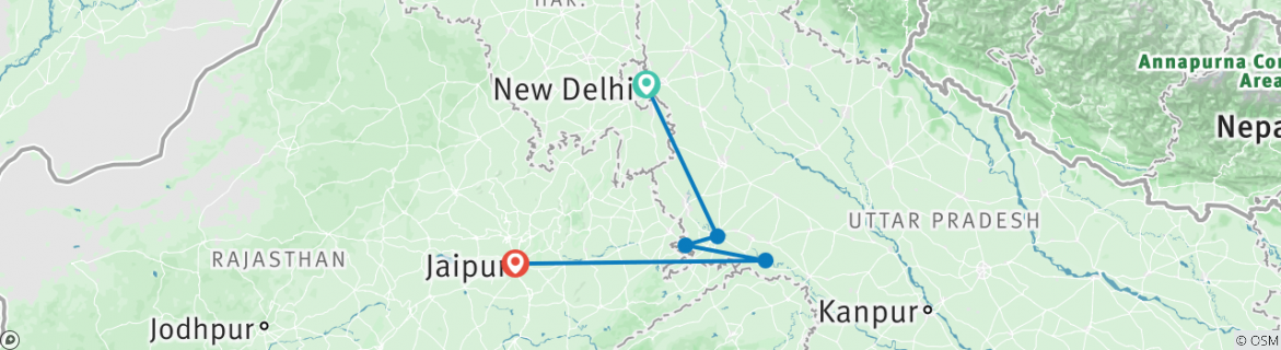 Image of a map showing the route of the tour