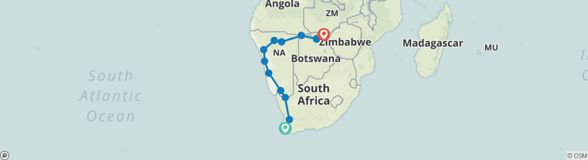 Image of a map showing the route of the tour