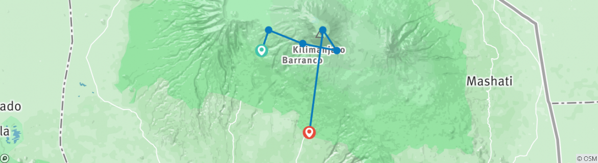 Image of a map showing the route of the tour