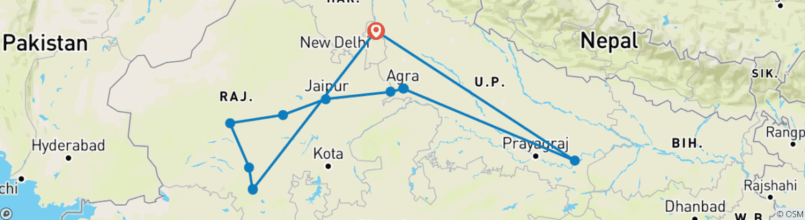 Image of a map showing the route of the tour