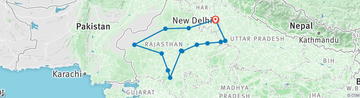Image of a map showing the route of the tour