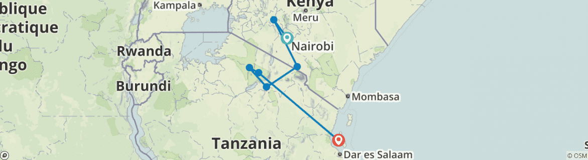 Image of a map showing the route of the tour