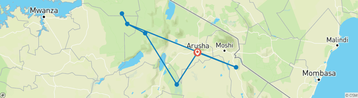 Mapa de Travesía de lujo de 8 días por el río de la migración de ñus en Tanzania
