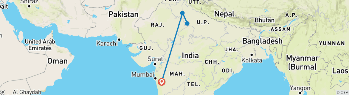 Image of a map showing the route of the tour