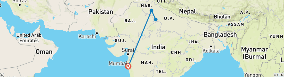 Image of a map showing the route of the tour