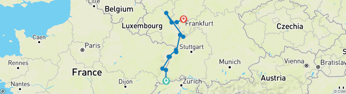 Image of a map showing the route of the tour
