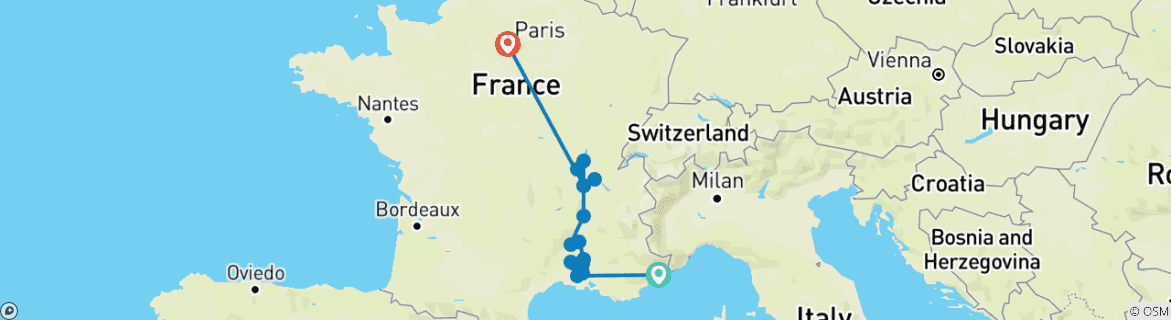 Carte du circuit Nice-Paris & Sensations de Lyon et de la Provence 2027 - 13 jours