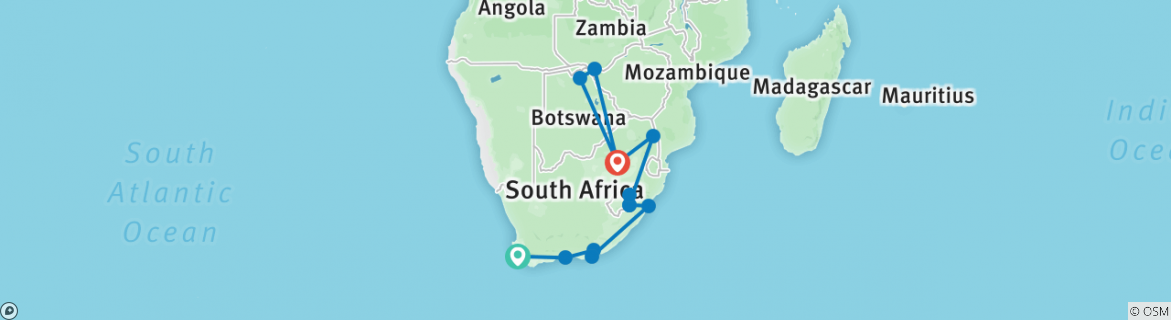 Image of a map showing the route of the tour