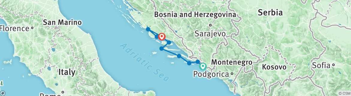 Image of a map showing the route of the tour