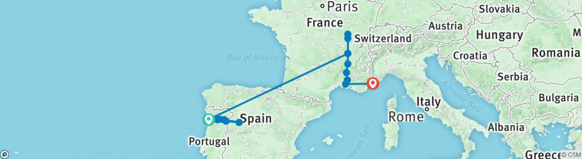 Image of a map showing the route of the tour