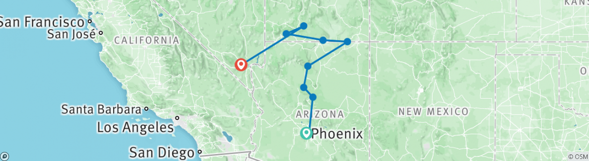 Image of a map showing the route of the tour