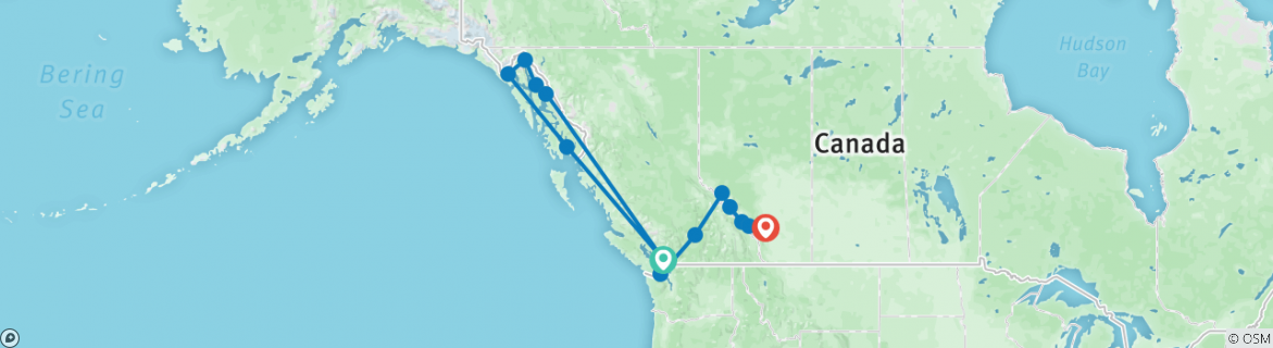 Image of a map showing the route of the tour