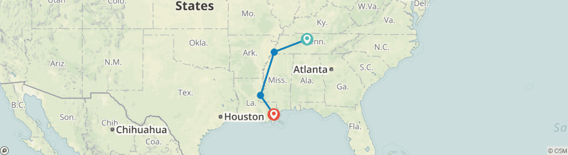 Image of a map showing the route of the tour