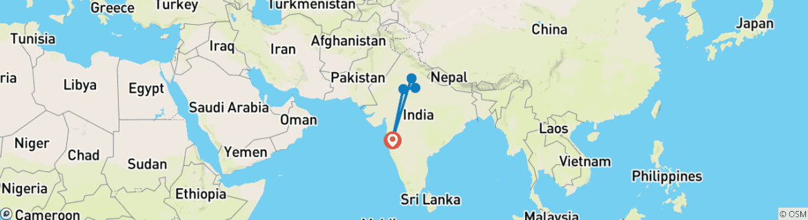 Image of a map showing the route of the tour