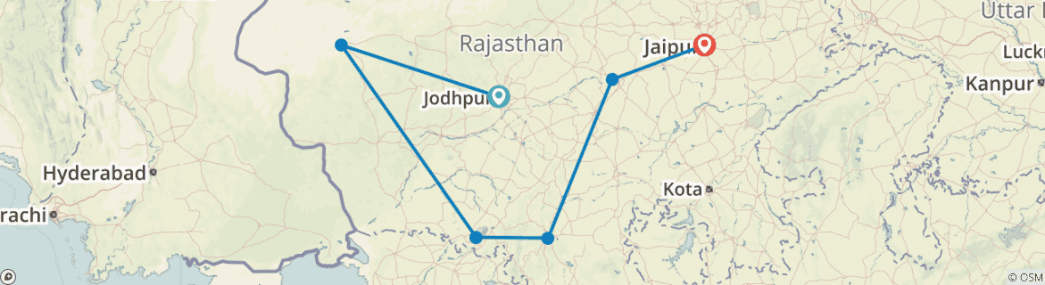 Image of a map showing the route of the tour