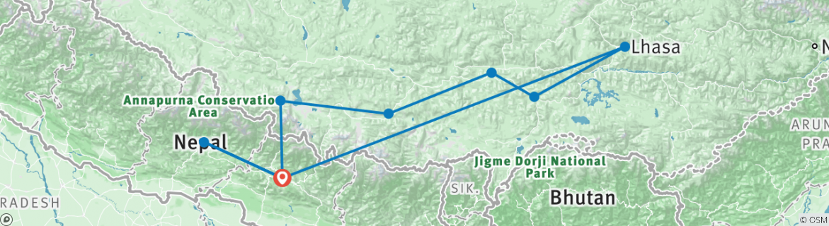 Image of a map showing the route of the tour