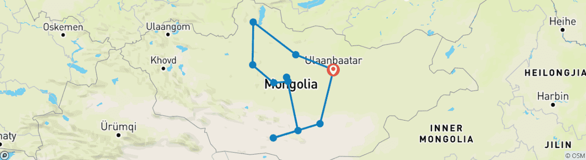 Mapa de Viaje de aventura por Mongolia 15D/14N