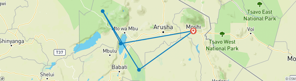 Image of a map showing the route of the tour
