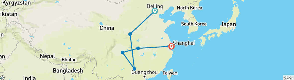 Carte du circuit Voyage de 14 jours en petit groupe en Chine : croisière sur le Yangtze et hôtels de luxe, tout compris