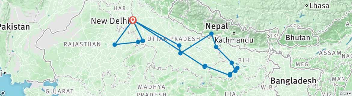 Image of a map showing the route of the tour