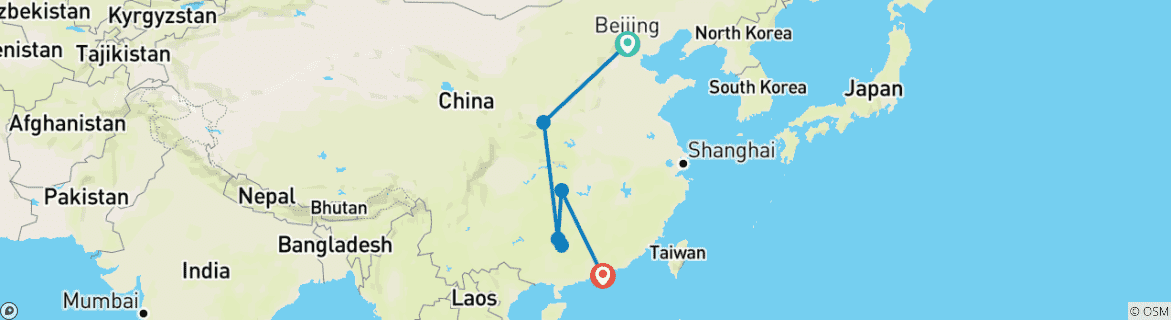 Image of a map showing the route of the tour