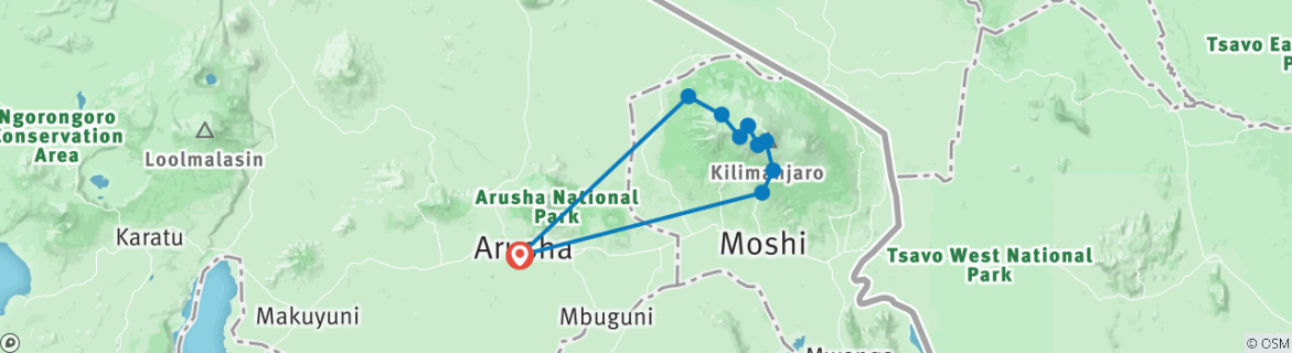 Image of a map showing the route of the tour