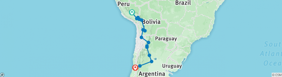 Image of a map showing the route of the tour