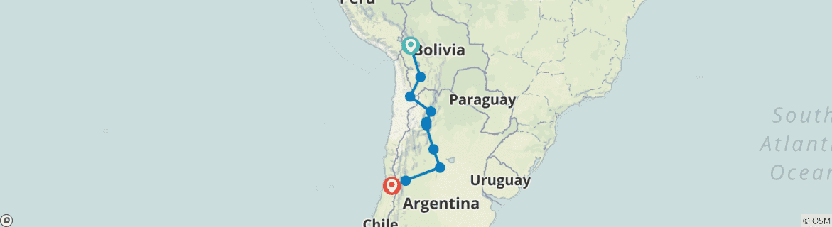 Image of a map showing the route of the tour