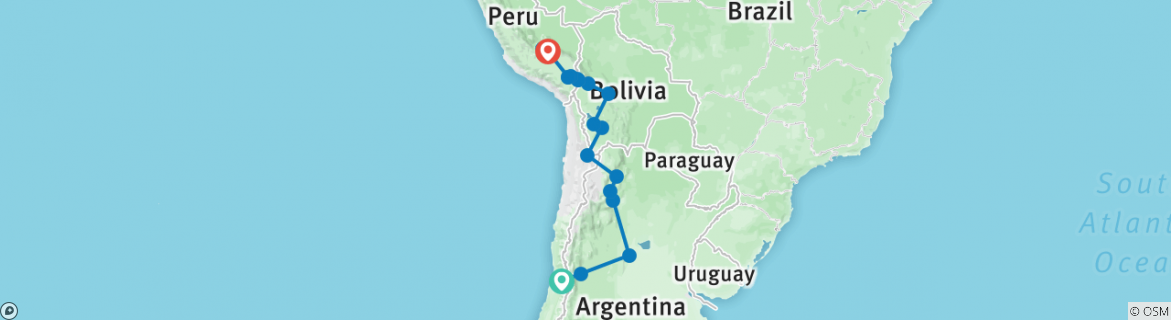 Image of a map showing the route of the tour
