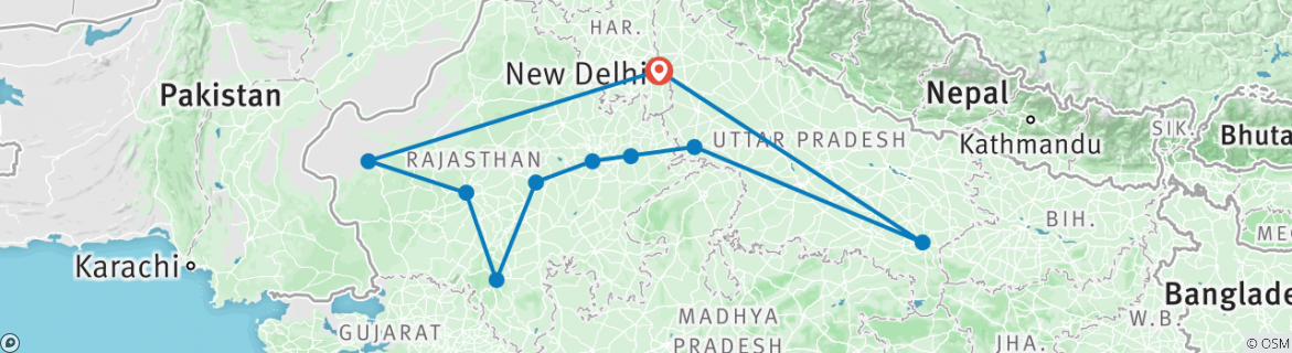 Image of a map showing the route of the tour