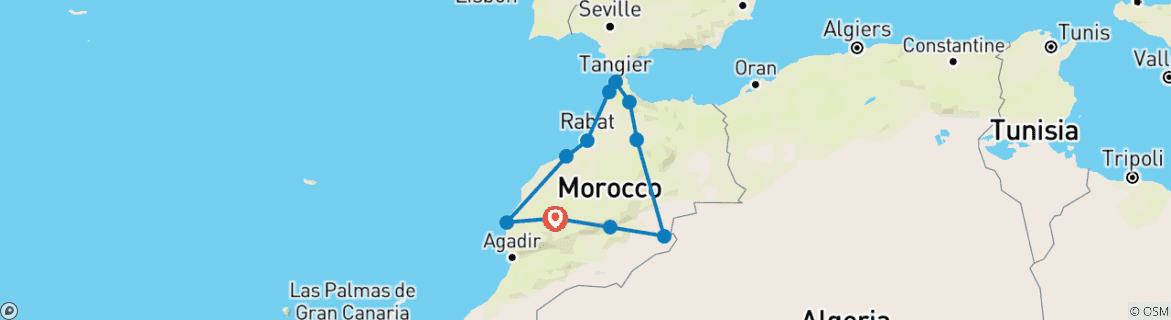 Image of a map showing the route of the tour