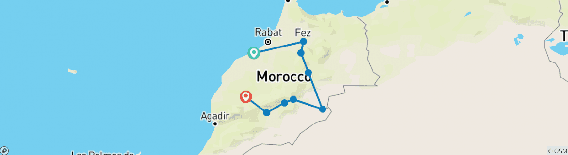 Image of a map showing the route of the tour