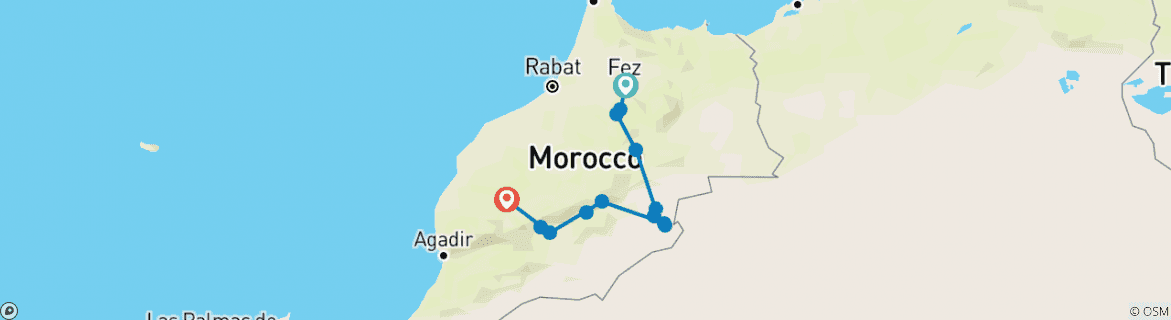 Image of a map showing the route of the tour