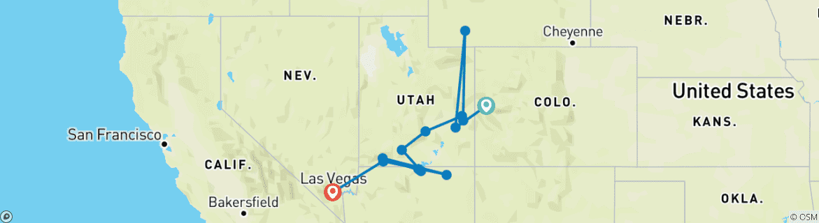 Image of a map showing the route of the tour