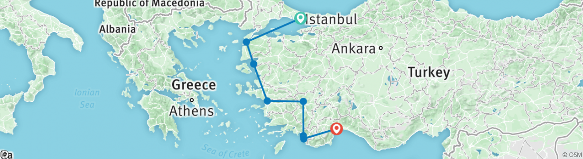 Image of a map showing the route of the tour