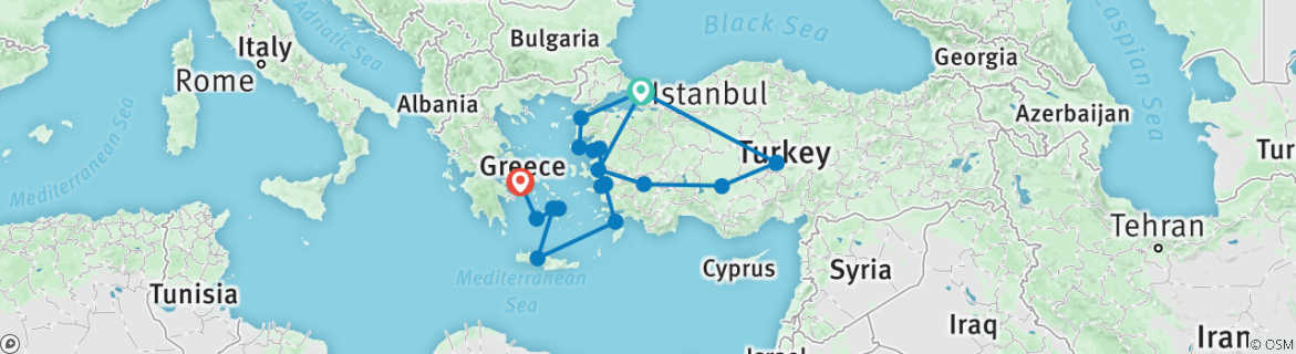 Image of a map showing the route of the tour