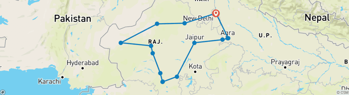 Image of a map showing the route of the tour