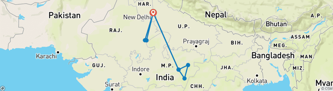 Image of a map showing the route of the tour