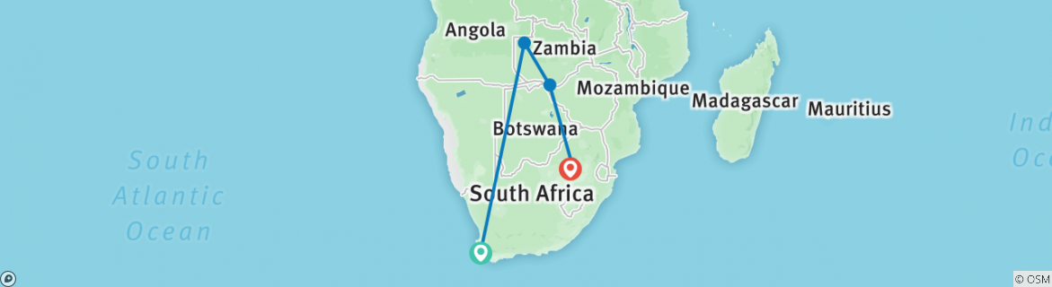 Image of a map showing the route of the tour