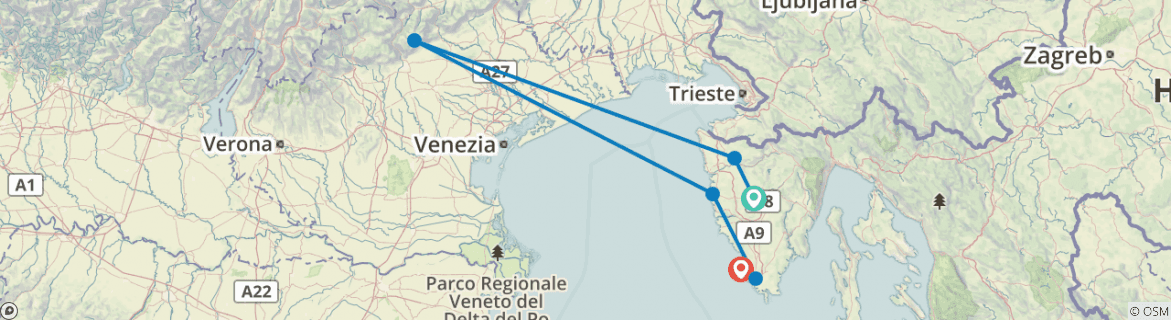 Image of a map showing the route of the tour