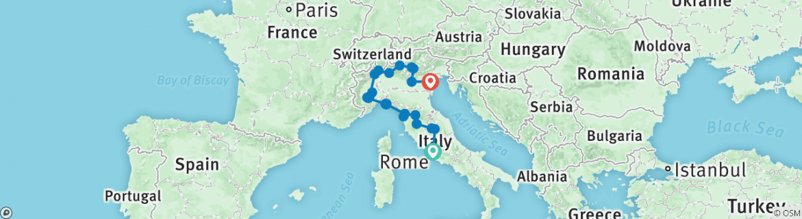 Image of a map showing the route of the tour