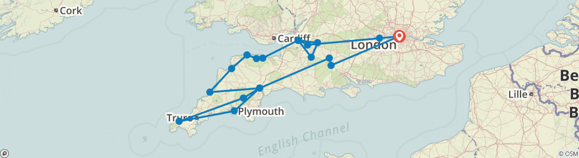 Image of a map showing the route of the tour