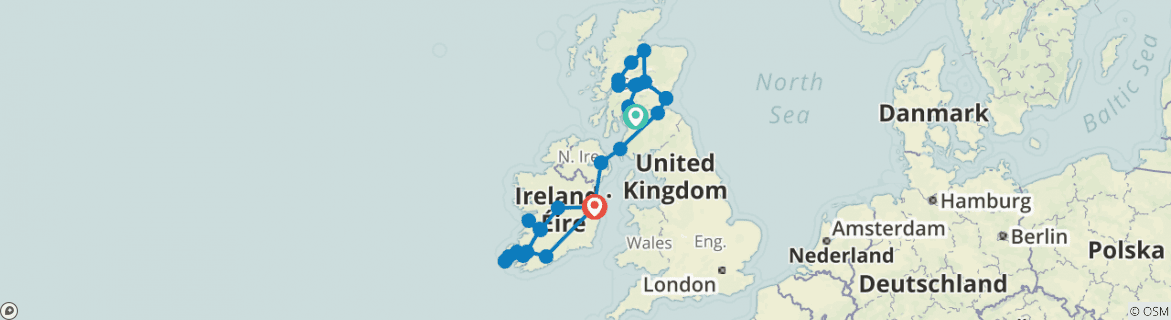 Image of a map showing the route of the tour