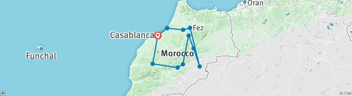 Image of a map showing the route of the tour