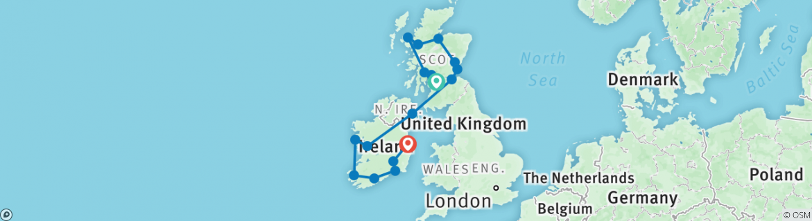 Image of a map showing the route of the tour