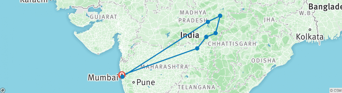 Image of a map showing the route of the tour