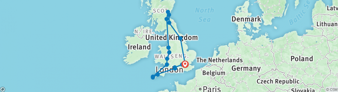 Image of a map showing the route of the tour