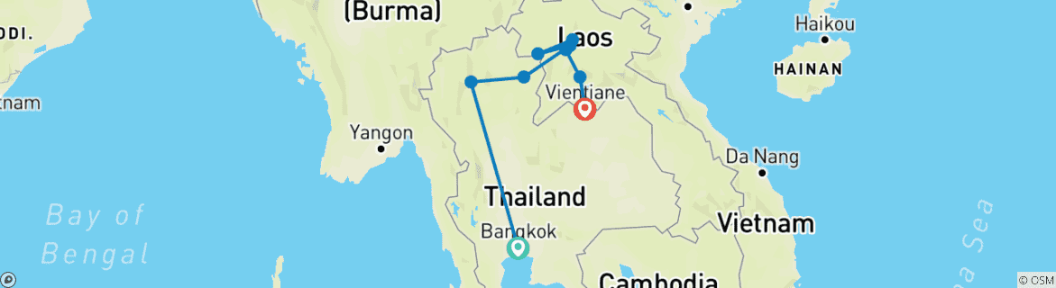 Image of a map showing the route of the tour